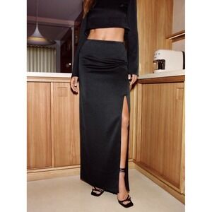 Nasty Gal Textured Satin Split Maxi Skirt Women's Size 4 Black